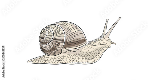 Detailed brown garden snail slowly crawling with its spiral shell on a white background in realistic engraving style.