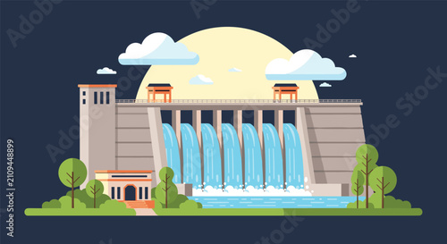 Hydroelectric power plant concrete dam discharging river water with a large yellow sun and white clouds in the sky.