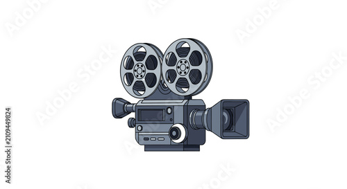 Retro cinema film camera with reels detailed vector illustration representing classic movie production equipment.