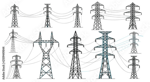 Detailed illustrations of various high voltage electric power transmission towers with connected utility lines.