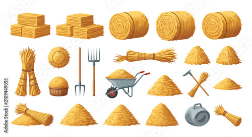 Complete farm set of hay bales, pitchfork, wheelbarrow, and dry straw stacks representing autumn harvesting theme.