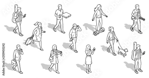Obraz na płótnie Isometric people silhouettes walking with shadows | Architectural entourage for
