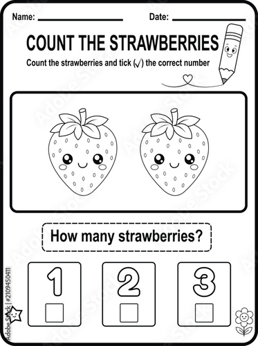 Cute preschool counting worksheet featuring kawaii strawberries. Printable black and white educational activity page designed for early math practice and number recognition.
