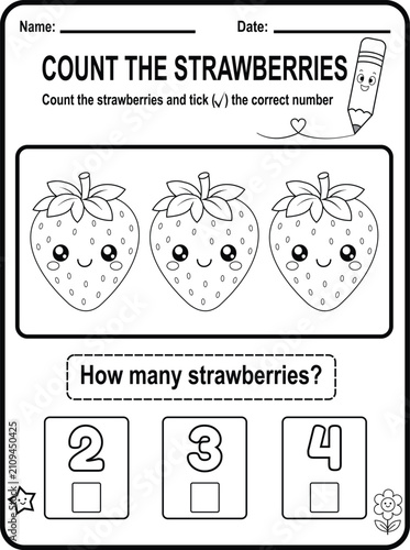 Cute preschool counting worksheet featuring kawaii strawberries. Printable black and white educational activity page designed for early math practice and number recognition.