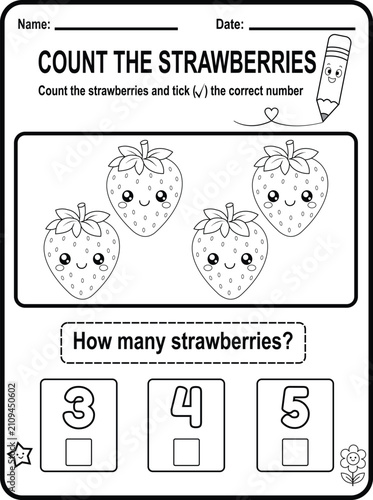 Cute preschool counting worksheet featuring kawaii strawberries. Printable black and white educational activity page designed for early math practice and number recognition.