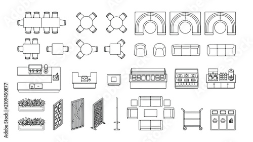 Architectural floor plan furniture symbols, restaurant and cafe interior layout icons, 2D top view seating and table vector set for blueprints