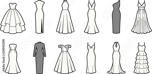 Obraz na płótnie Collection of twelve elegant dress designs illustration, fashion silhouettes com