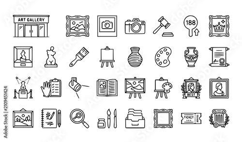 Editable gallery painting auction museum vector icon bundle with art exhibition outline symbols