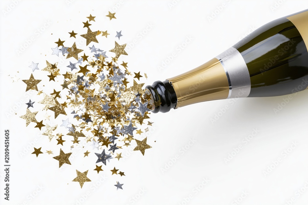 Fototapeta premium The Champagne Bottle Releasing Gold and Silver Star Confetti in Celebration