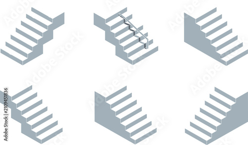 Modern Staircase Collection Featuring Isometric Stairs, Steps, and Escalating Structures for Architecture, Construction, Interior, and Design Vector Set