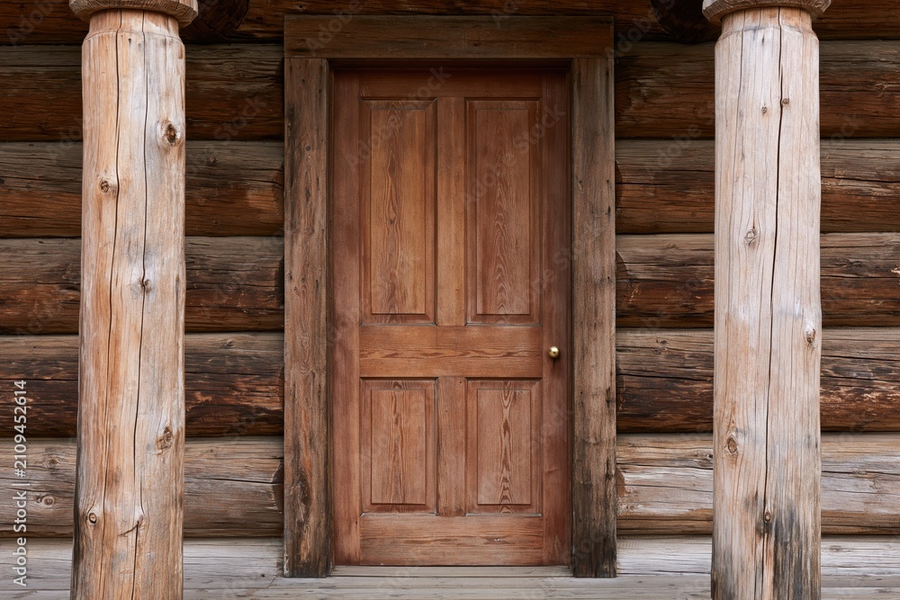Obraz premium The Rustic Wooden Door Framed by Weathered Log Cabin Columns and Porch