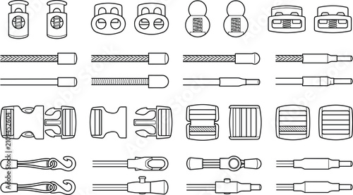 Tableau sur toile Plastic cord locks side release buckles and drawstring ends line art icon set ve