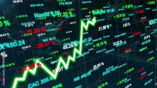 Arrow upward trend and number price futuristic global stock market growth chart with rising financial performance, investment analysis and digital business data visualization