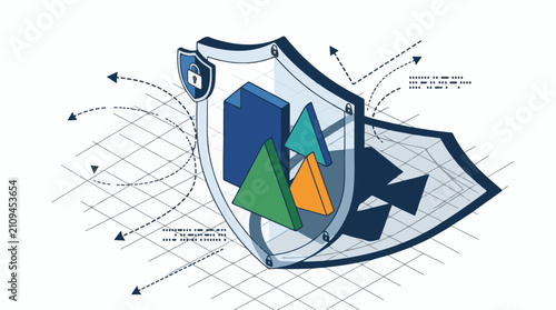 Digital shield protecting abstract shapes and data flow