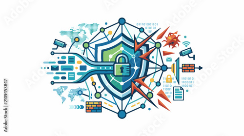 Digital shield protects data from cyber threats with global network connections
