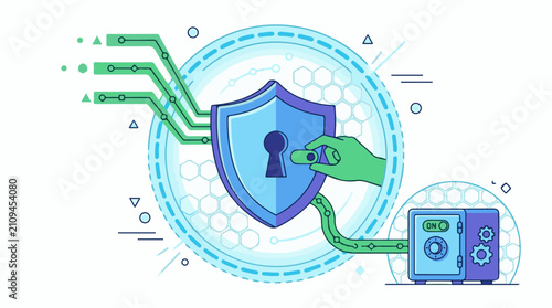 Digital shield with keyhole protected by hand and connected to safe