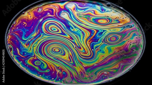 Vibrant swirling liquid surface showing iridescent rainbow colors with organic flowing patterns captured in a close up macro photography style shot