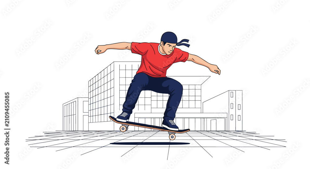 Fototapeta premium Athletic young skateboarder performs an impressive jump trick on his skateboard with a schematic building background.