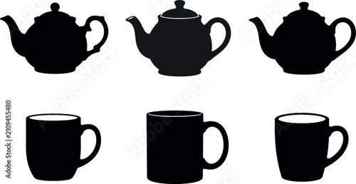 Quadro su tela Silhouette of teapots and mugs for kitchen or tea time themes