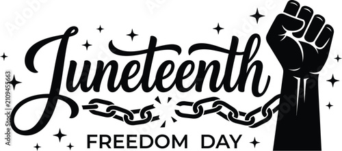Juneteenth freedom day illustration with raised fist and broken chains