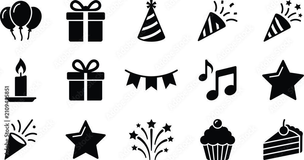Naklejka premium Black silhouette icons for celebrations balloons gifts and party decorations