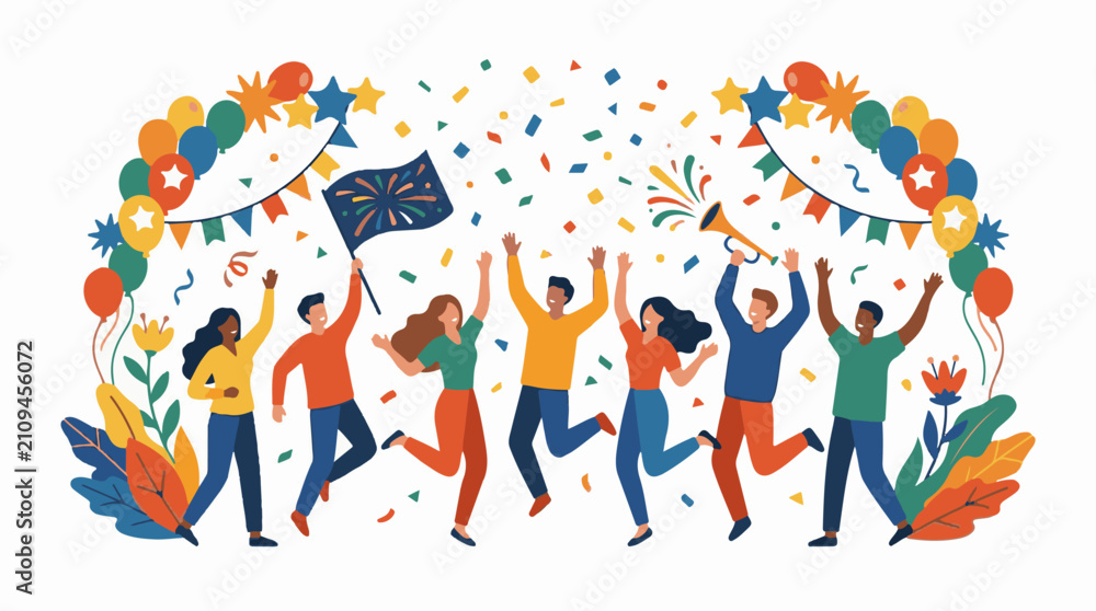 Fototapeta premium Diverse group celebrates joyfully with balloons confetti and a flag