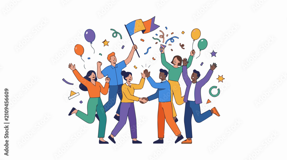Fototapeta premium Diverse group celebrating with confetti balloons and a flag