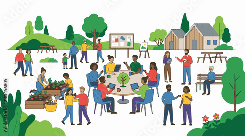 Diverse group collaborates in a lush green park with garden plots