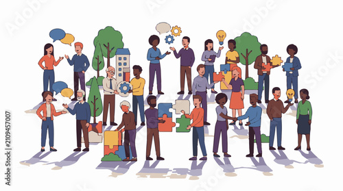 Diverse group collaborates on puzzle pieces and ideas in a park