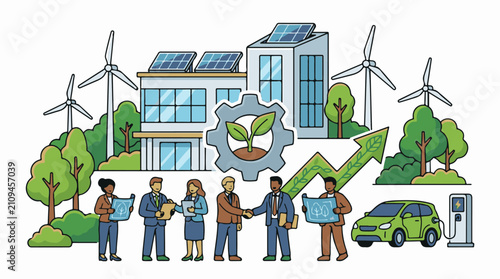 Diverse group collaborates on sustainable energy initiatives with wind turbines and solar panels