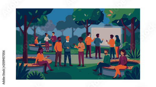 Diverse group collaborates outdoors around a whiteboard under trees
