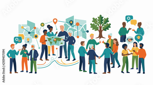 Diverse group collaborates shares ideas and plans journeys