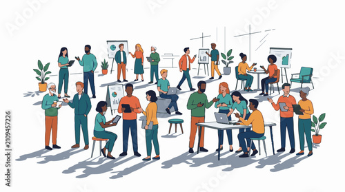 Diverse group collaborating and presenting in a modern office setting (1)
