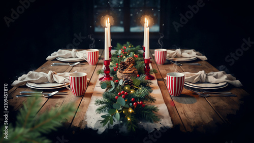 Festive Rustic Christmas Table Setting Watercolor Illustration