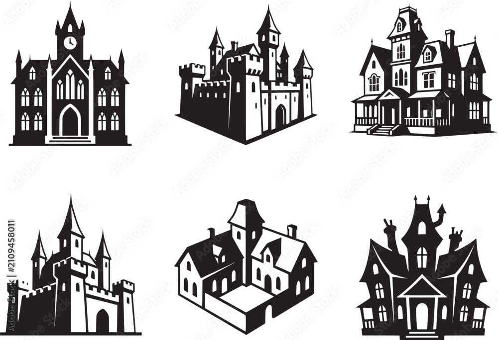 Fototapeta premium Set of black and white vector icons featuring medieval castles gothic mansions and spooky haunted houses