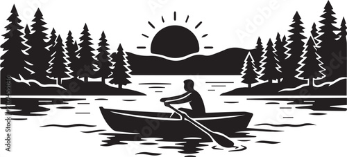 Man rowing boat on lake at sunset vector landscape