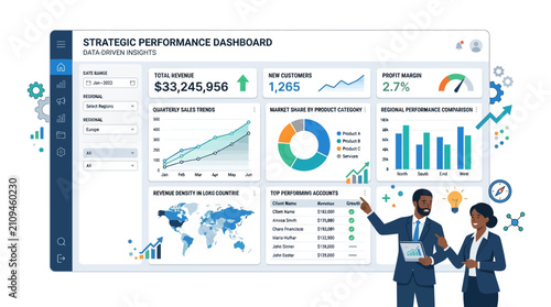 Two business professionals, a man and a woman, standing beside a large monitor showcasing a strategic performance dashboard with data-driven reports, highlighting their interaction with business.