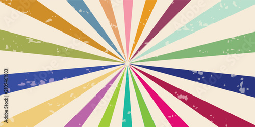 Vintage retro radial sunburst background with colorful blue, orange and brown rays. Distressed starburst pattern, 70s style pop art