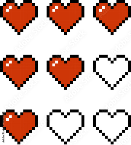 Retro 8-bit pixel art heart health bar icons isolated on white background depicting life points, game progress, and health status for video game graphic design and UI