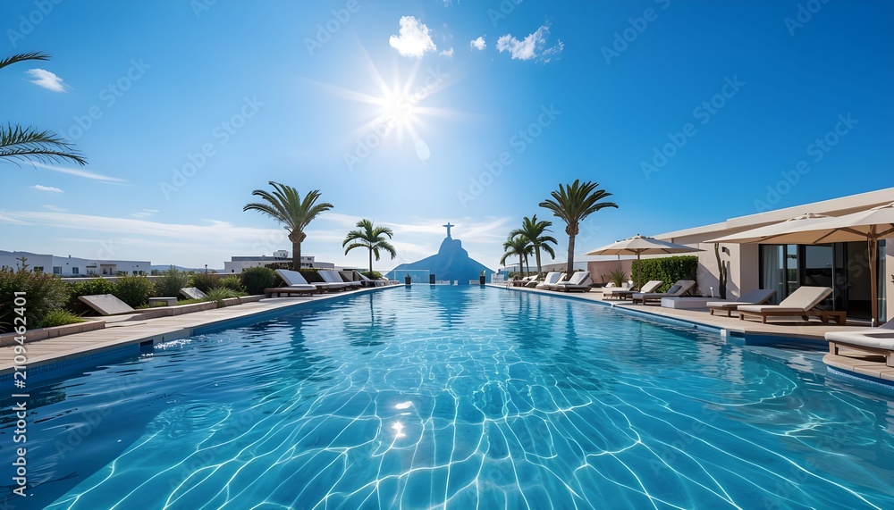 Fototapeta premium Luxurious modern rooftop infinity swimming pool with sun loungers, palm trees, and bright sunburst lighting in a tropical resort setting.