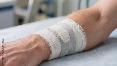Medical bandage wrapped securely around a patient's arm after an injury or medical procedure, showcasing first aid and clinical care