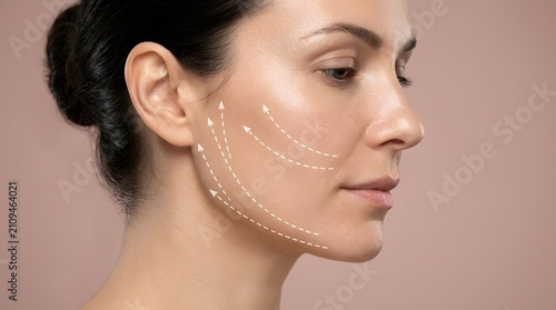 Facial rejuvenation concept woman's profile with cosmetic procedure lines