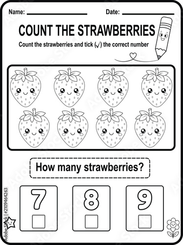 Cute preschool counting worksheet featuring kawaii strawberries. Printable black and white educational activity page designed for early math practice and number recognition.