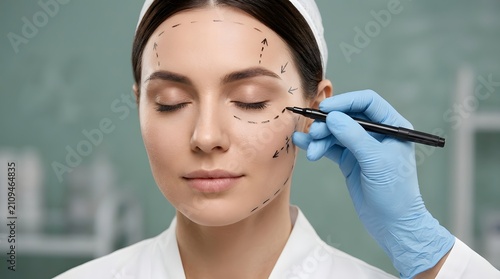 Cosmetic surgery planning doctor marking facial features for procedure