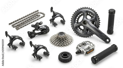 A collection of bicycle parts neatly arranged on a white background