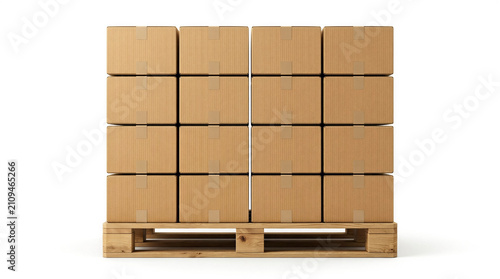 A stack of cardboard boxes on a wooden pallet in a warehouse setting
