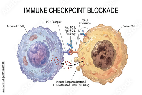 Mechanism of immune checkpoint blockade therapy vector diagram showing activated T cell targeting cancer cell