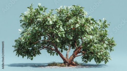 Lush tree with plentiful green leaves and small red fruit on a blue pastel background
