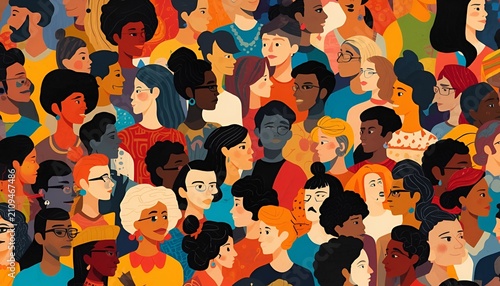 Colorful Diverse People Crowd Seamless Pattern, Multi Ethnic Community, Cultural Diversity and Inclusion Abstract Collage Art Background
