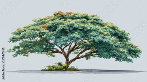 Majestic tree with vibrant foliage and small red flowers against a plain, light gray background